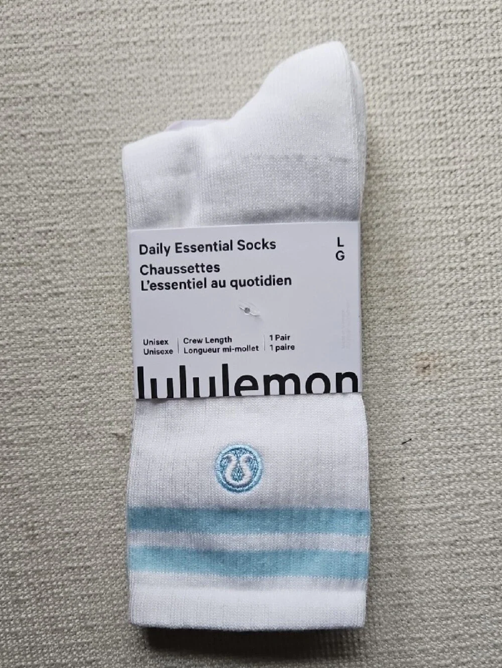lululemon athletica White Crew Socks with Light Blue Stripes
